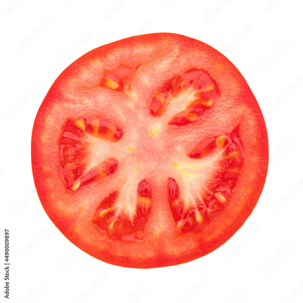 Crosswise tomato slice isolated on white background with clipping path. Flat lay, top view, cutout. Crosswise tomato slice isolated on white background with clipping path. Flat lay, top view, cutout.
