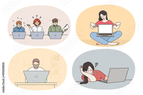 Set of diverse people work online on laptops on lockdown. Collection of men and women freelancers study or browse internet on computers. Technology and remote job. Vector illustration. 