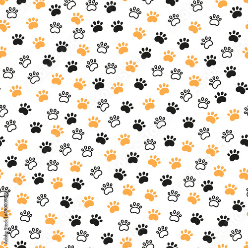 Seamless dog pattern with paw prints. Cat foots texture. Pattern with doggy pawprints. Dog texture. Hand drawn vector illustration in doodle style on white background.