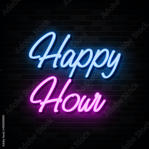 Happy Hour Neon Signs Vector. Design Template Neon Style