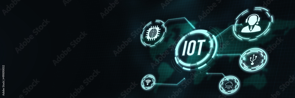 Obraz premium Internet of things - IOT concept. Businessman offer IOT products and solutions. Internet, business, Technology and network concept. 3d illustration.