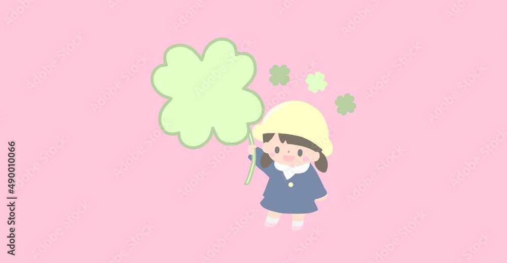 大きな四つ葉のクローバーを持ったかわいい幼稚園児の春の手描き風イラスト Stock Illustration Adobe Stock