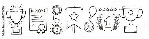 Awards, trophy cups, first place medals and diploma set. Doodle gold medal and champion trophy cup. Hand drawn award decorative icons. Vector illustrations isolated on white background.