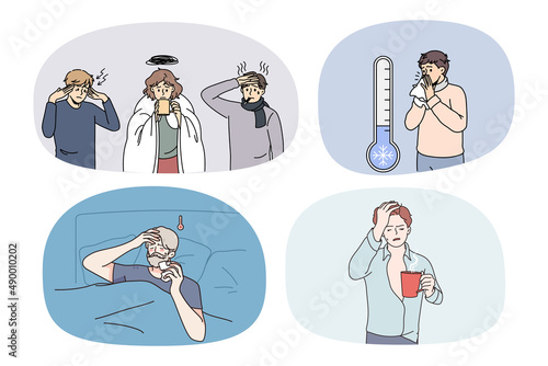 Set of unhealthy people cough and sneeze suffer from influenza or covid-19. Collection of sick unwell men and women struggle with corona virus. Healthcare and medicine. Vector illustration. 