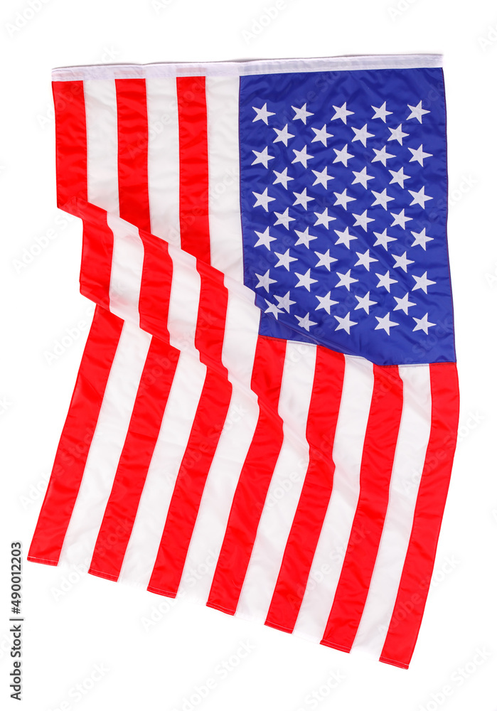 Obraz premium Closeup studio isolated top view shot pride patriotism blue and red striped star American nation USA United States of America country national fabric clothing unity rippled flag on white background