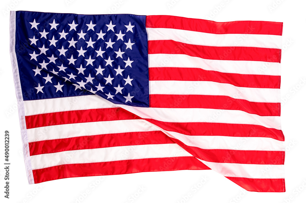 Fototapeta premium Closeup studio isolated top view shot of pride patriotism blue and red striped star American nation USA United States of America country national fabric clothing unity flag placed on white background