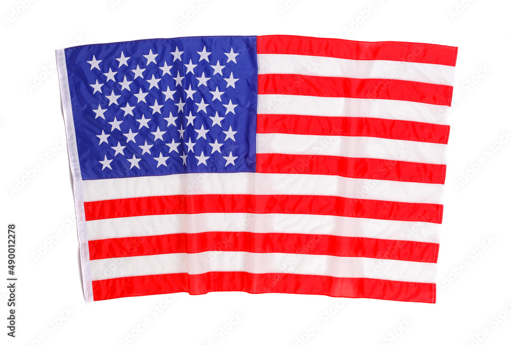 Fototapeta premium Closeup studio isolated top view shot of pride patriotism blue and red striped star American nation USA United States of America country national fabric clothing unity flag placed on white background