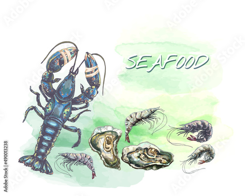 318_oyster_lobster_Shrimp_lobster with tied claws, set of shrimp, oysters, seashells, fresh, live seafood, against the background of watercolor stains of the sea