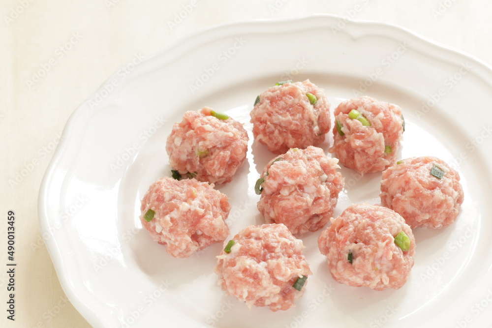 Homemade pork and green onion meat ball in Chinese style Homemade pork and green onion meat ball in Chinese style