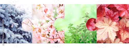 Four seasons of year. Puzzle Pieces with with winter, spring, summer and autumn scenes