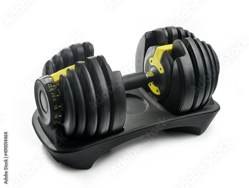 Slika na platnu Modern adjustable dumbbell isolated on white background.