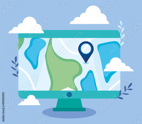 computer with map illustration