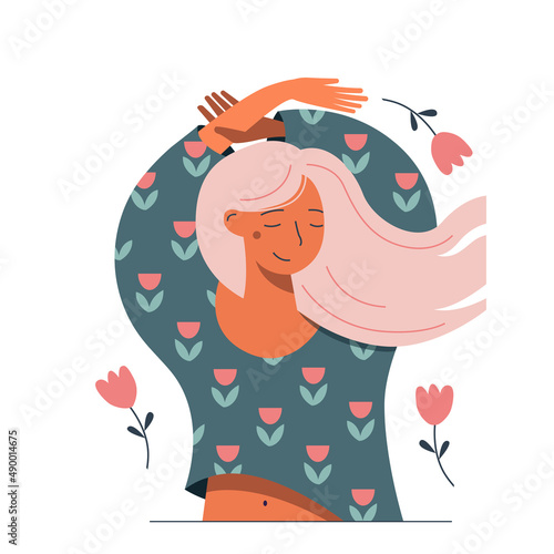 Cute cartoon young woman with a pink hair and flowers.