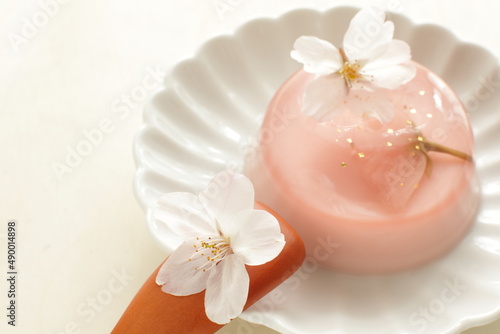 Japanese seasonal dessert  cherry blossom jelly with gold dust