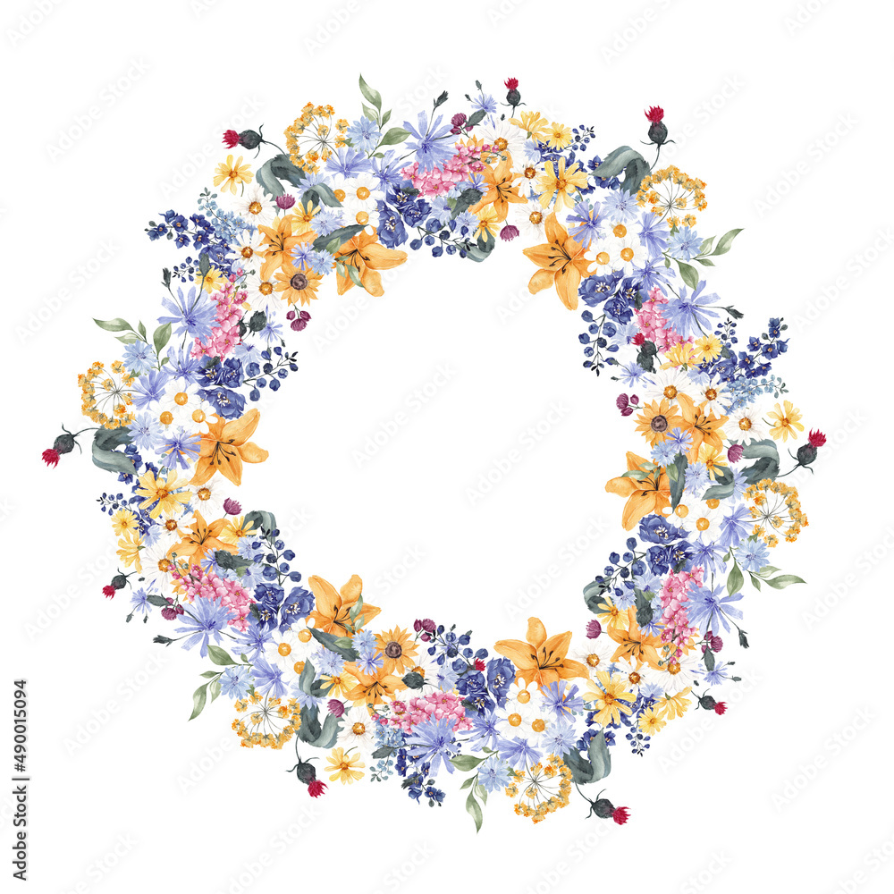 Watercolor wreath with sunny flowers, wildflower ans herbs, isolated on white background