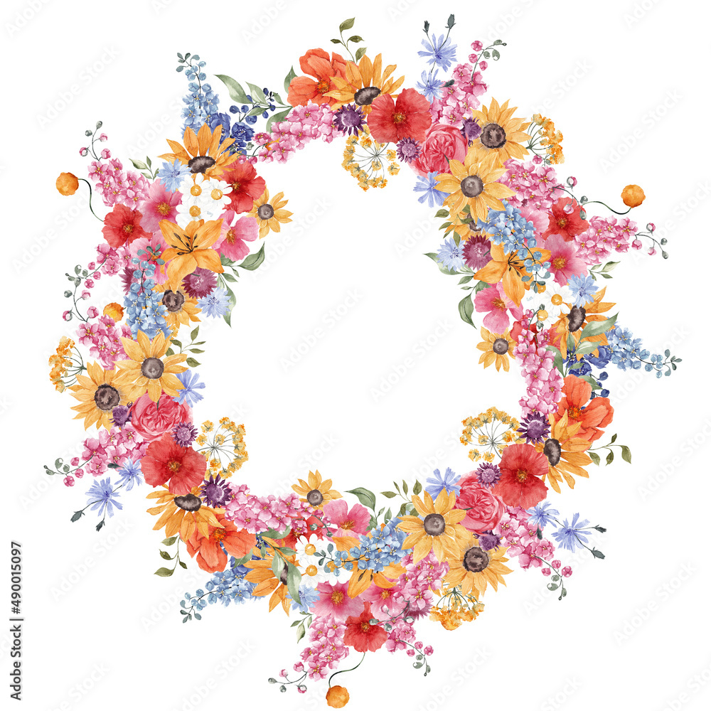 Watercolor wreath with sunny flowers, wildflower ans herbs, isolated on white background