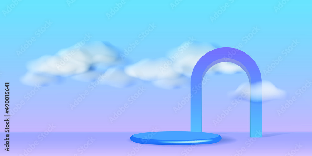 Realistic 3d scene with white clouds, round podium and arched entrance ...