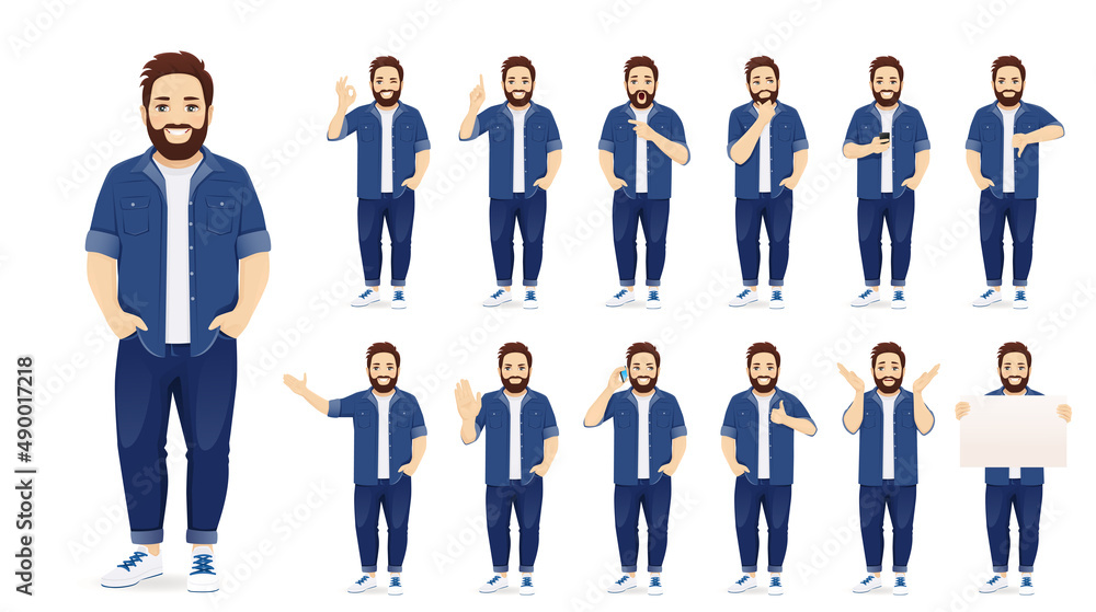 Handsome big man in casual clothes standing in different poses set isolated vector illustration