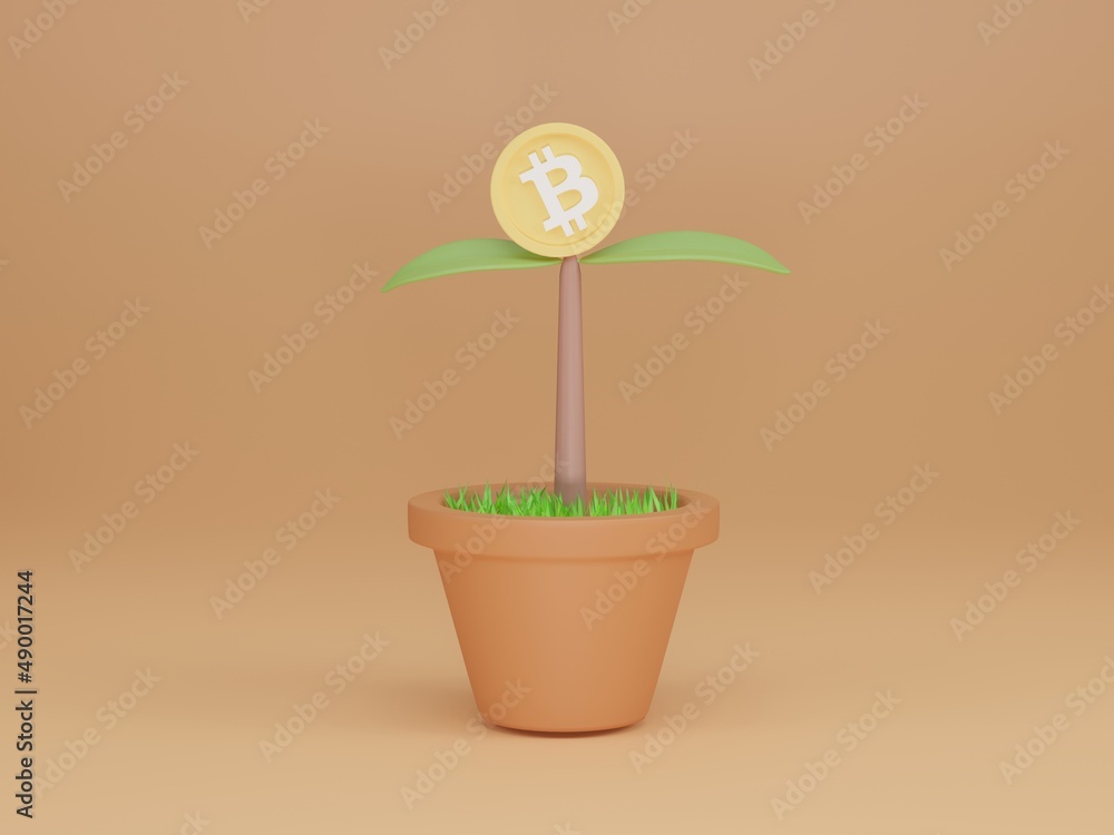 Seedling plant with bitcoin flower in pot on light orange background. Cryptocurrency trend. 3d render illustration. Seedling plant with bitcoin flower in pot on light orange background. Cryptocurrency trend. 3d render illustration.
