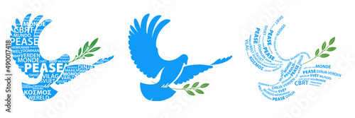 A set of logos of a dove, a symbol of peace, an outline, a silhouette inside the word peace is written in different European languages Fototapet