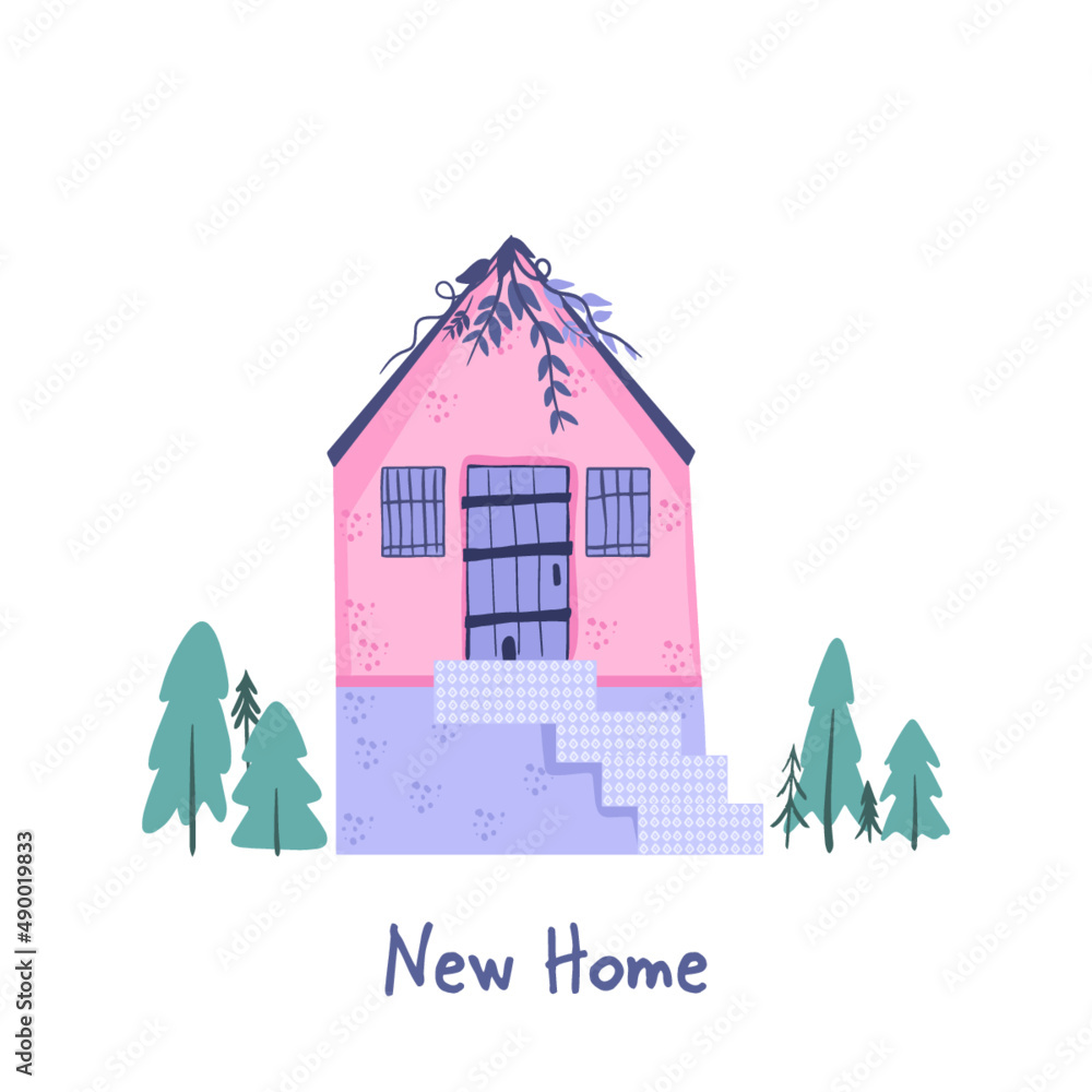 Vector cartoon bright pink house. Cute building. Child town illustration.  Hand drawn flat vector illustration, isolated on white. Stock Vector |  Adobe Stock