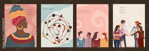 Multicultural and multiethnic women. Group of diversity women and girls. Female social network community. Racial equality. Allyship. Empowerment. Brochure - poster -editable template. Team