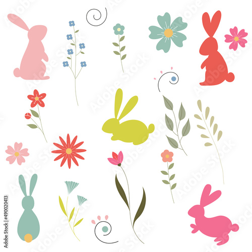 Happy easter set with easter bunny and flowers. Vector.