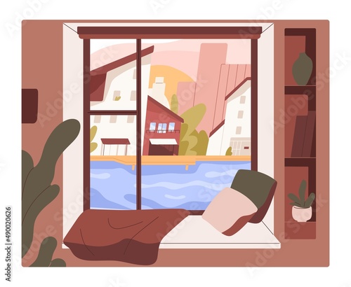 Cosy window sill with dawn over city view. Home interior with pillows, plaid ...