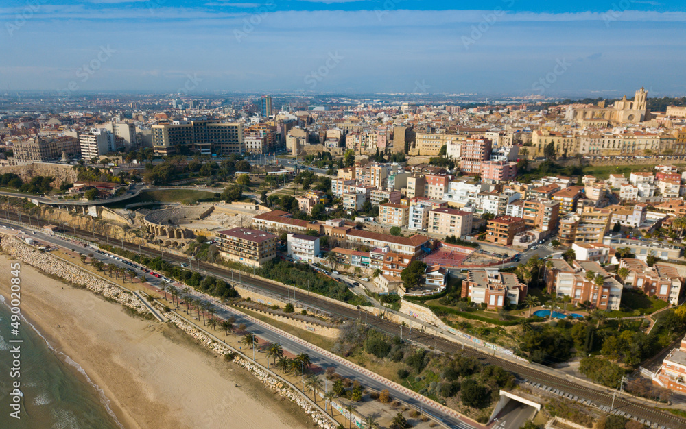 View from drone of Catalan city of Tarragona with ancient amphitheatre