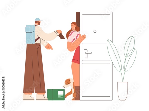 Delivery man with delivered order in box. Customer opening door to receive package from courier. Woman and deliveryman from postal service. Flat vector illustration isolated on white background