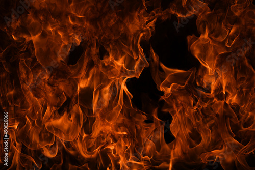 Fire flames on black background. Fire burn flame isolated, abstract texture. Flaming effect with burning fire.