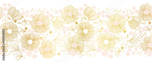 Golden flowers seamless vector border. Horizontal repeating metallic gold foil floral doodle pattern on white. Use for elegant summer decor, party invite, celebration, footer, header.