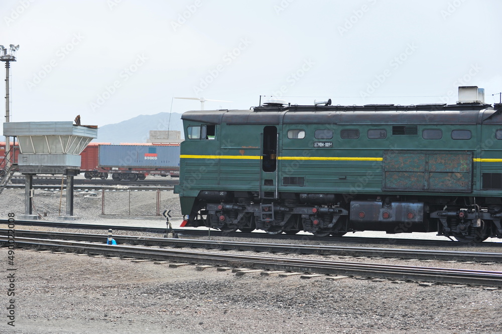 Almaty region / Kazakhstan - 04.11.2012 : Railway crossing with signs and directions for locomotives with cargo.
