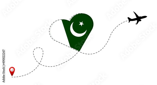Airplane flight route with Pakistan flag inside the heart. Travel to your favorite country.