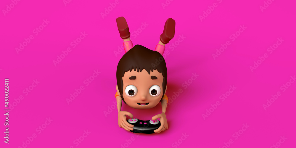 Child gamer playing video game console lying on the floor. Copy space. 3D illustration. Cartoon. Child gamer playing video game console lying on the floor. Copy space. 3D illustration. Cartoon.