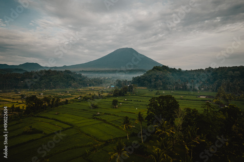 Obraz na plátne Green ricefield view from Bukit Cinta, Karangasem, East Bali, with a background of Mount Agung