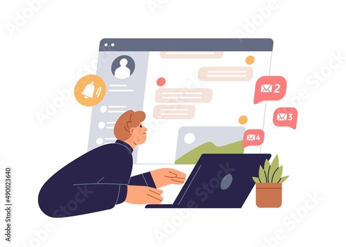 Chat, communication via internet. Person receiving notifications about new unread messages. Online correspondence in messenger at laptop computer. Flat vector illustration isolated on white background