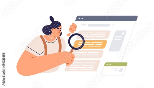 Internet user during online search of data, information. Web analysis and CEO concept. Person checking, analyzing SERPs with magnifying glass. Flat vector illustration isolated on white background