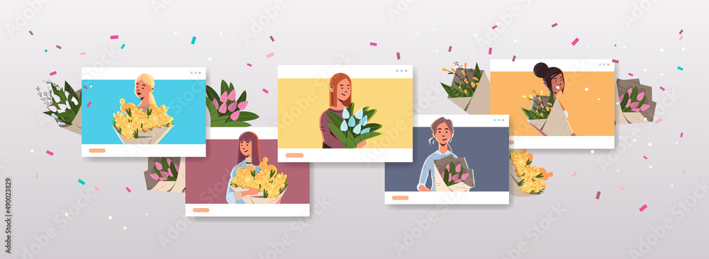 set mix race girls holding bouquets of flowers in web browser windows 8 march happy womens day celebration set mix race girls holding bouquets of flowers in web browser windows 8 march happy womens day celebration