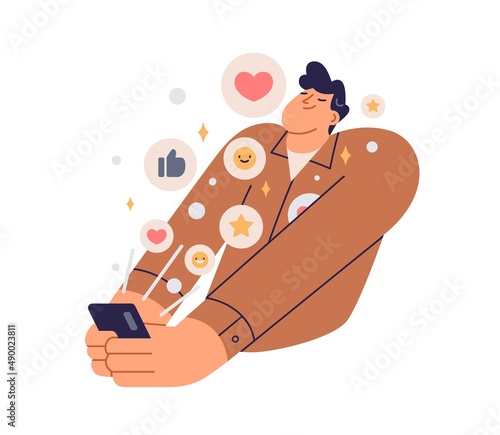 Positive feedback to post in social media. Person enjoying likes, thumb-ups, hearts, smiling emojis in internet. Happy man with mobile phone. Flat vector illustration isolated on white background