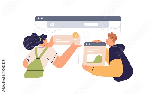 UX UI design and creating website content concept. Web designers at screen, working with page interface, arranging text and banners on layout. Flat vector illustration isolated on white background