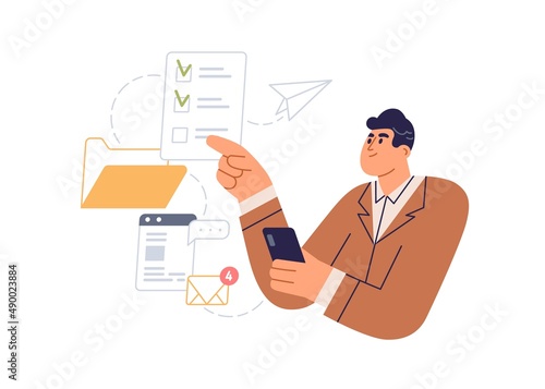 Business person checking daily tasks, mail in mobile phone application. Businessman with checklist, email at work. Online workflow concept. Flat vector illustration isolated on white background