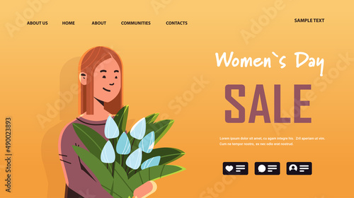 beautiful girl holding flowers bouquet 8 march international happy womens day celebration shopping sale concept