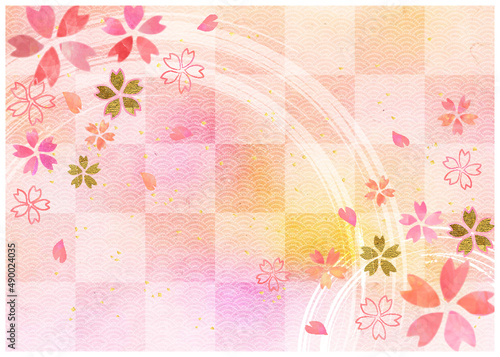 桜_水彩_ピンク和紙背景