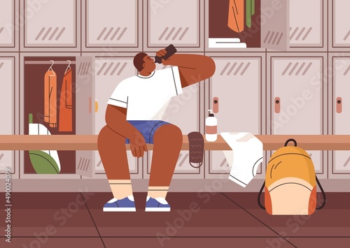Athlete drinking water, sitting on bench in gyms dressing room with lockers. Black man with bottle in cloakroom after workout in sports center, fitness club. Flat graphic vector illustration