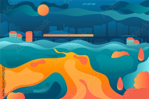 Vector poster overlooking the valley with road, night city and bridge. Urban view with nature.