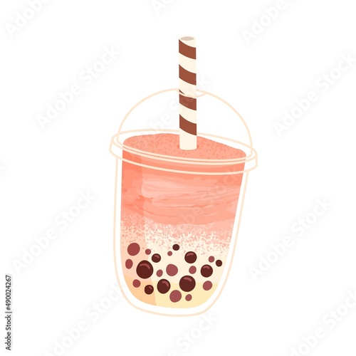 Bubble milk tea in takeaway glass with straw. Asian boba drink with fruit flavor. Cold cocktail, smoothie. Milky bubbletea. Tapioca beverage. Flat vector illustration isolated on white background