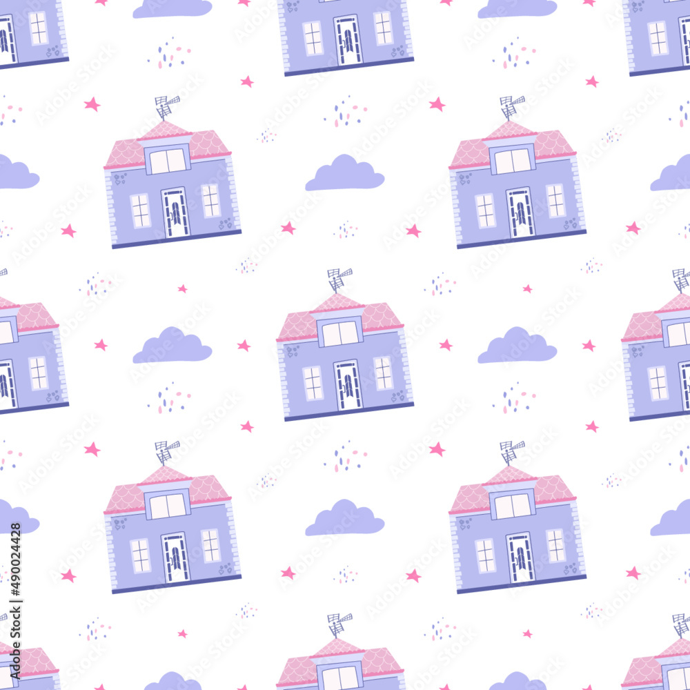 Seamless pattern with cute houses. Hand drawn vector illustration for nursery textile or wallpaper design. Houses and clouds. 