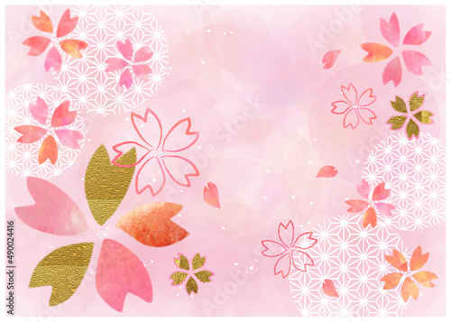 桜_水彩_ピンク和紙背景
