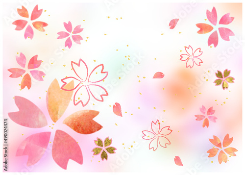 桜_水彩_ピンク和紙背景